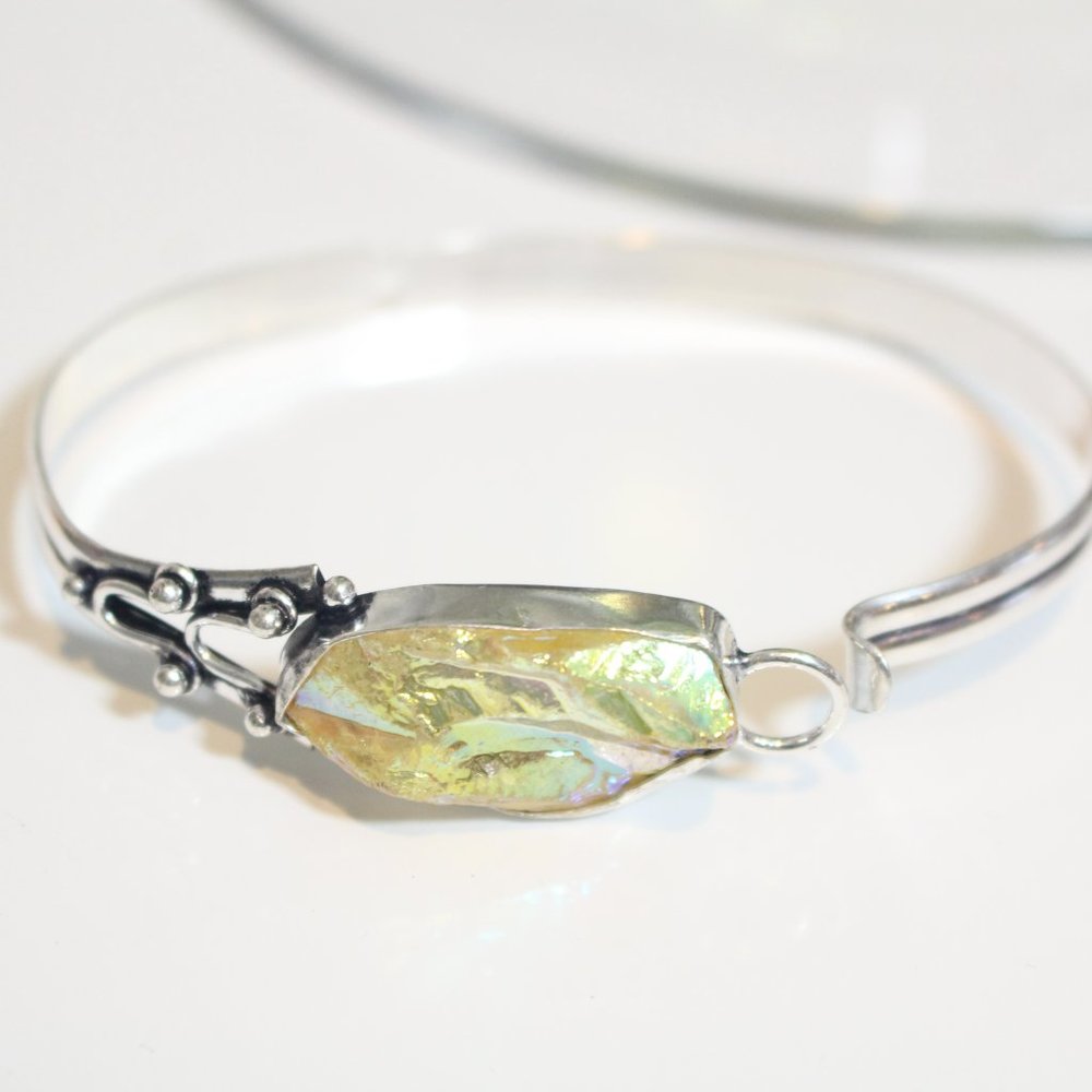 Yellow Titanium Druzy Sterling Silver Gemstone Bangle Bracelet - Picture 6 of 9